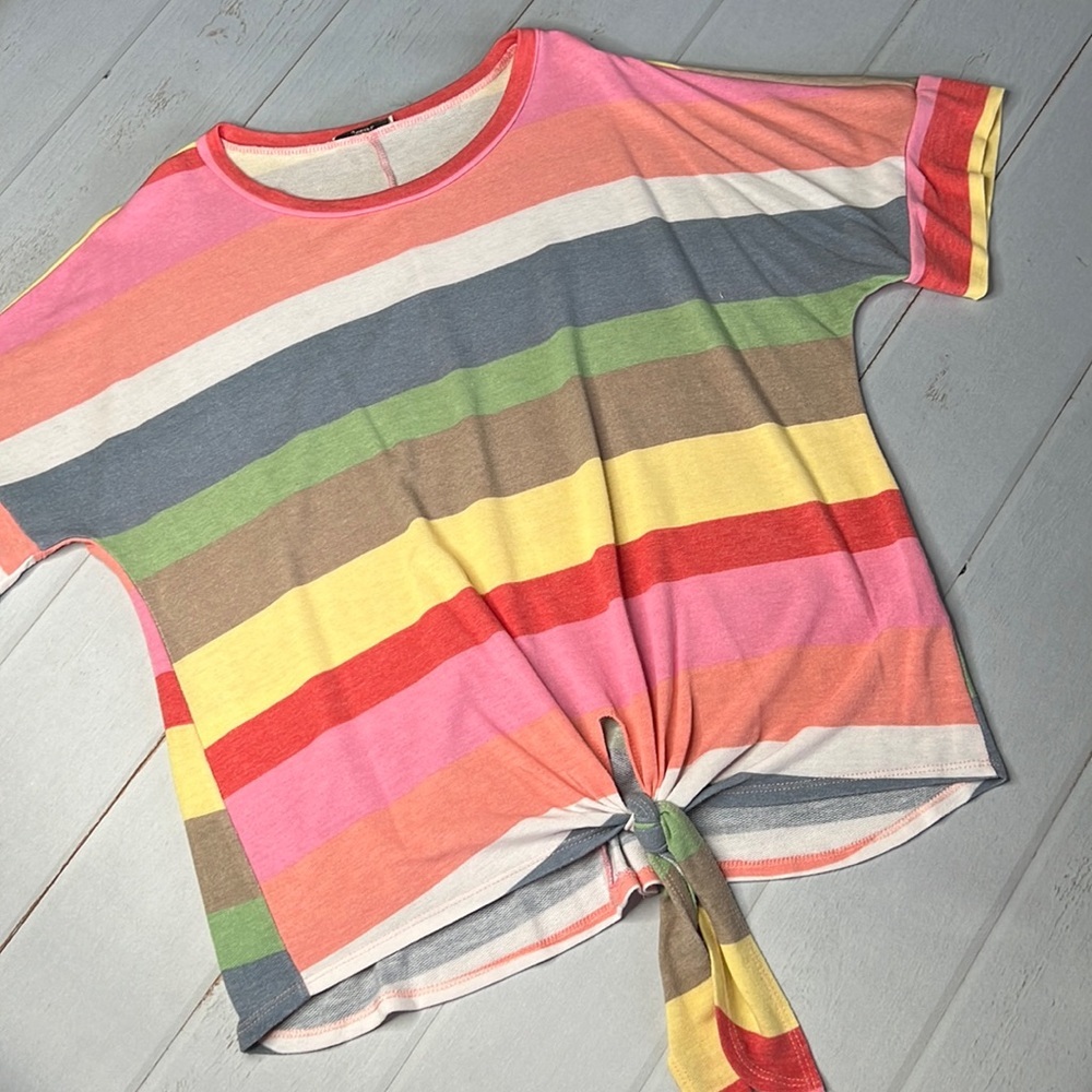 Jodifl - Front Tie Colorful Striped Top - Size Small
